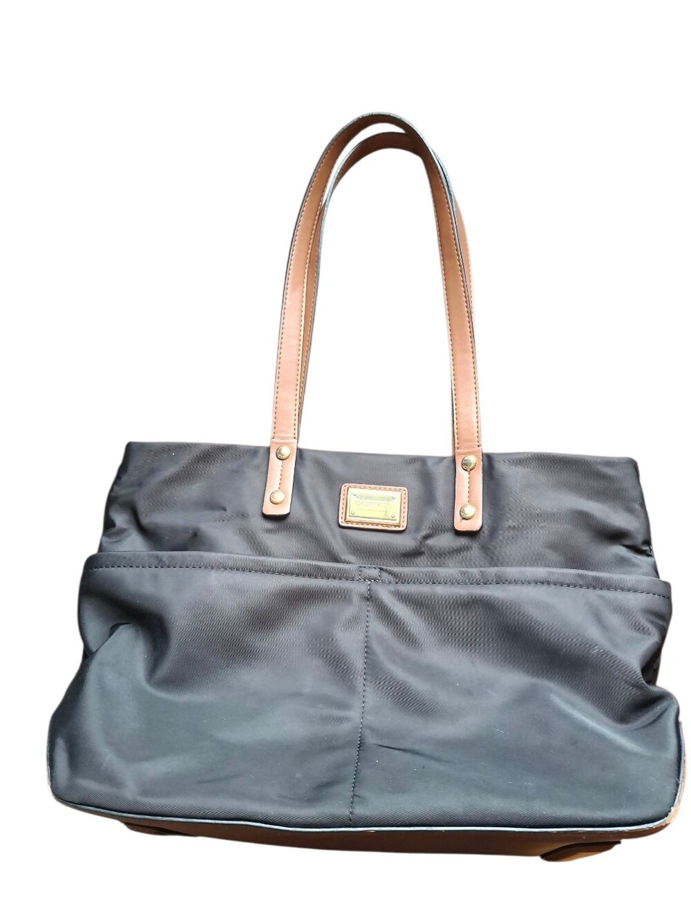 Calvin Klein Black Nylon Tote with Brown Leather Straps